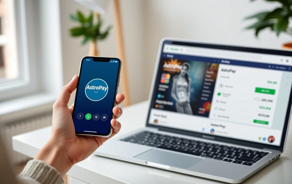 Smarttelefon med AstroPay-app og virtuelt kort ved siden av en laptop med en bettingside