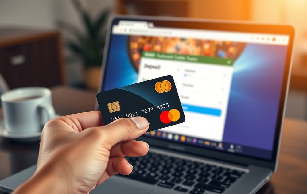 Person med Mastercard-kort og mobil ved laptop med innskuddsside for sportsbetting.