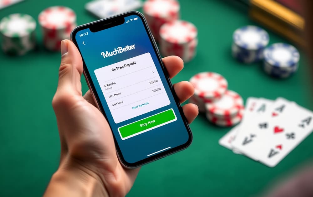 Person som holder en mobiltelefon med Muchbetter-appen åpen, viser innskuddsskjerm i norske kroner, med en bettingside i bakgrunnen.