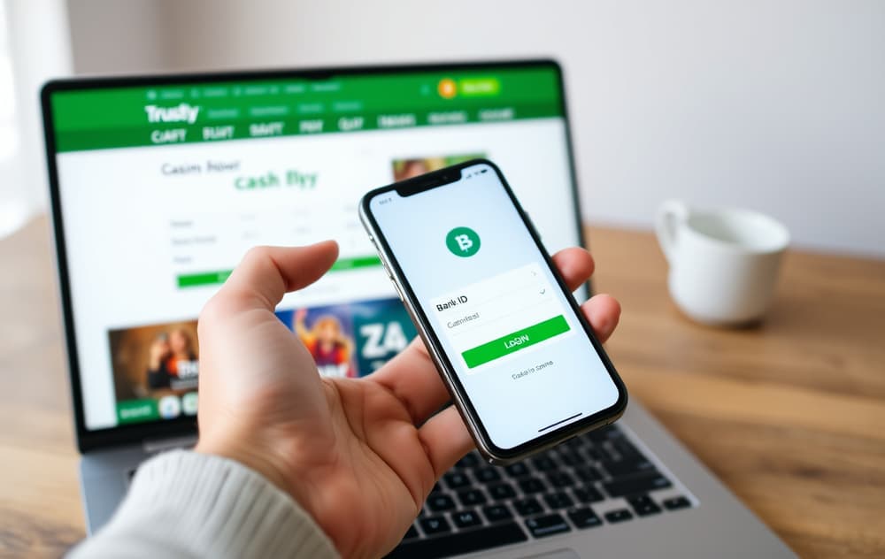 Person med mobil som viser BankID-innlogging for Trustly-betaling hos bookmaker.