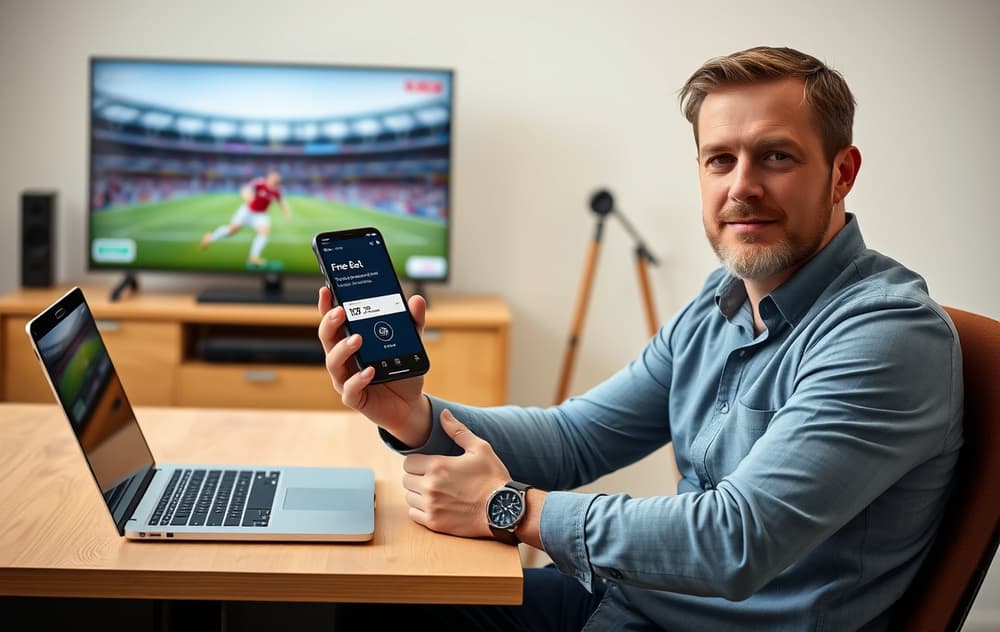 Norsk mann som sjekker gratisspill-tilbud på mobilen foran en laptop med fotballkamp på TV
