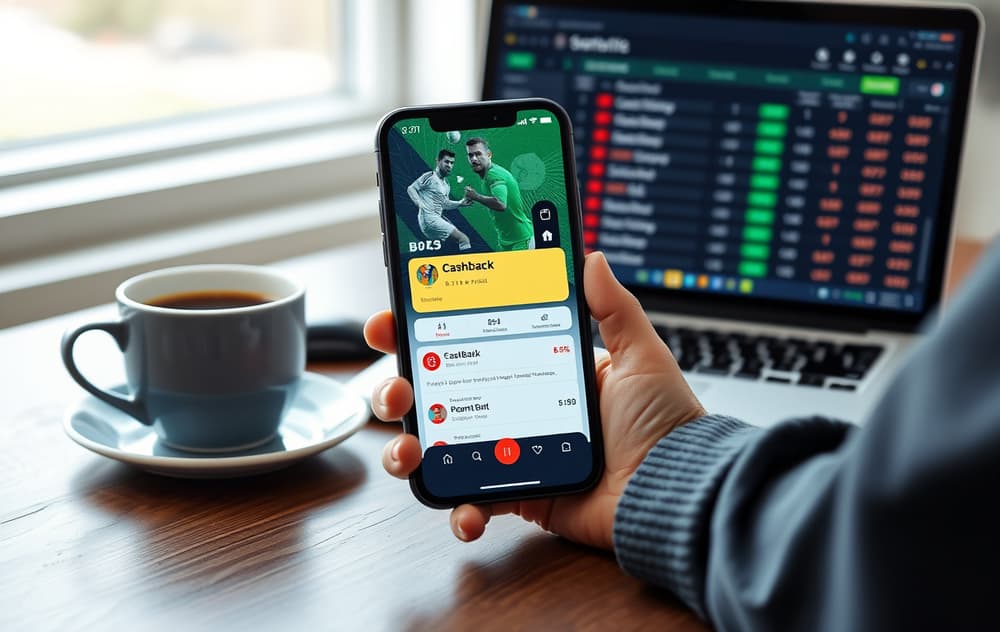 Person med mobil som viser cashback-tilbud på odds-app, med kaffekopp og laptop på bordet.