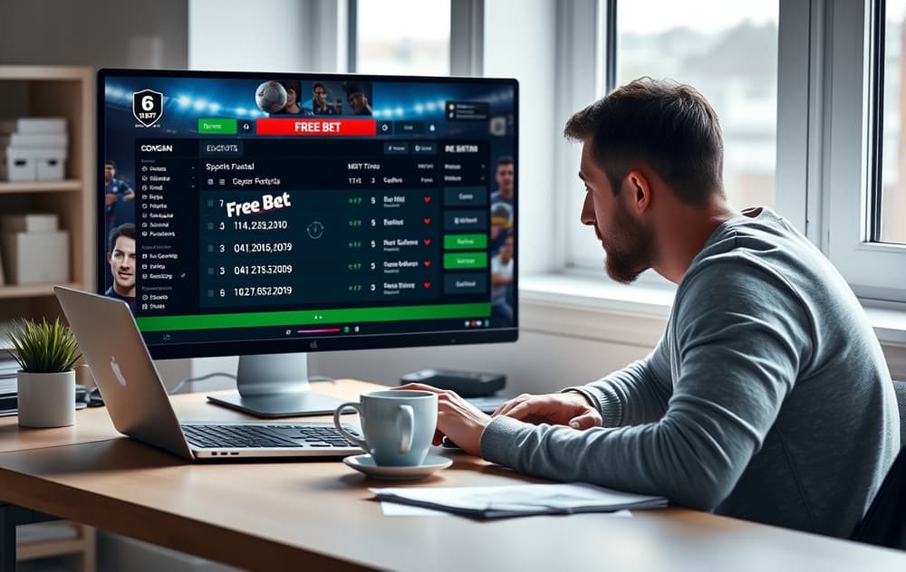 Norsk spiller som analyserer odds på en laptop med kaffekopp og gratisspill-badge