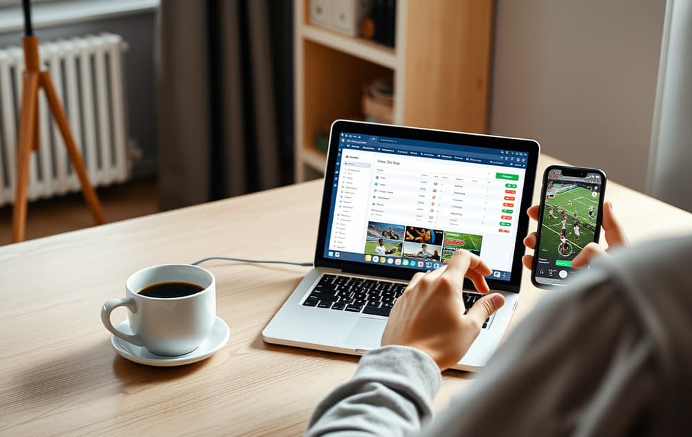 Person som sammenligner bettingsider på laptop, med kaffekopp og mobil som viser fotballkamp