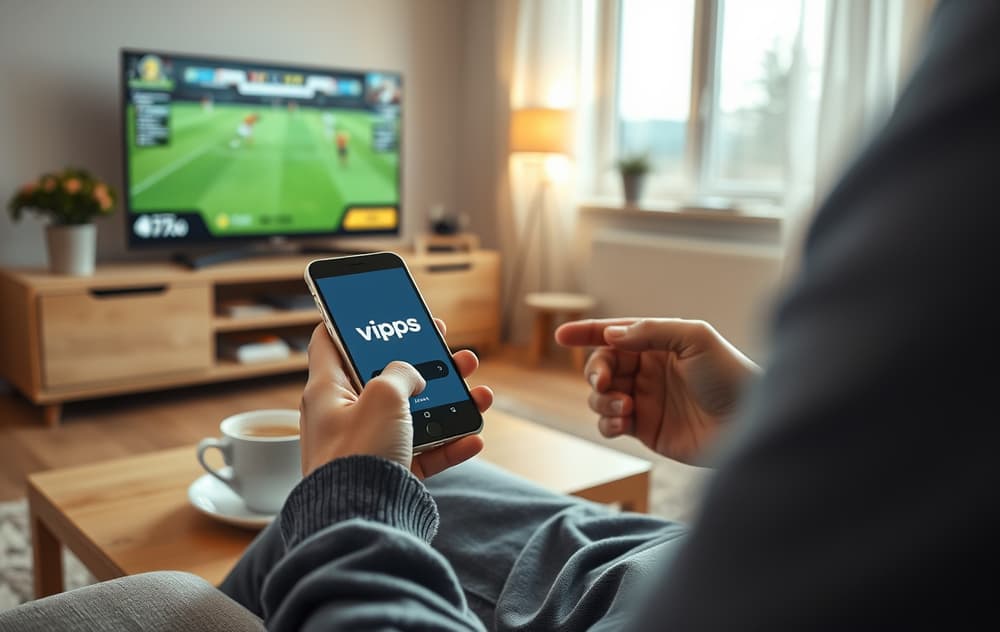 Person som setter inn penger på en bookmaker via Vipps på mobilen, med fotballkamp på TV i bakgrunnen.