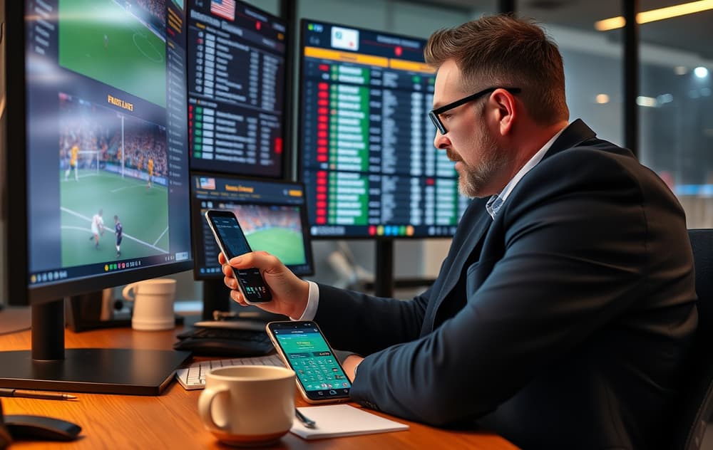 Spiller som sammenligner odds på flere skjermer under en fotballkamp.