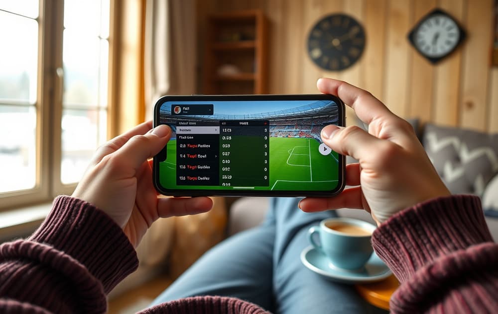 Person som tipper på mobil under en fotballkamp, med odds synlig på skjermen.