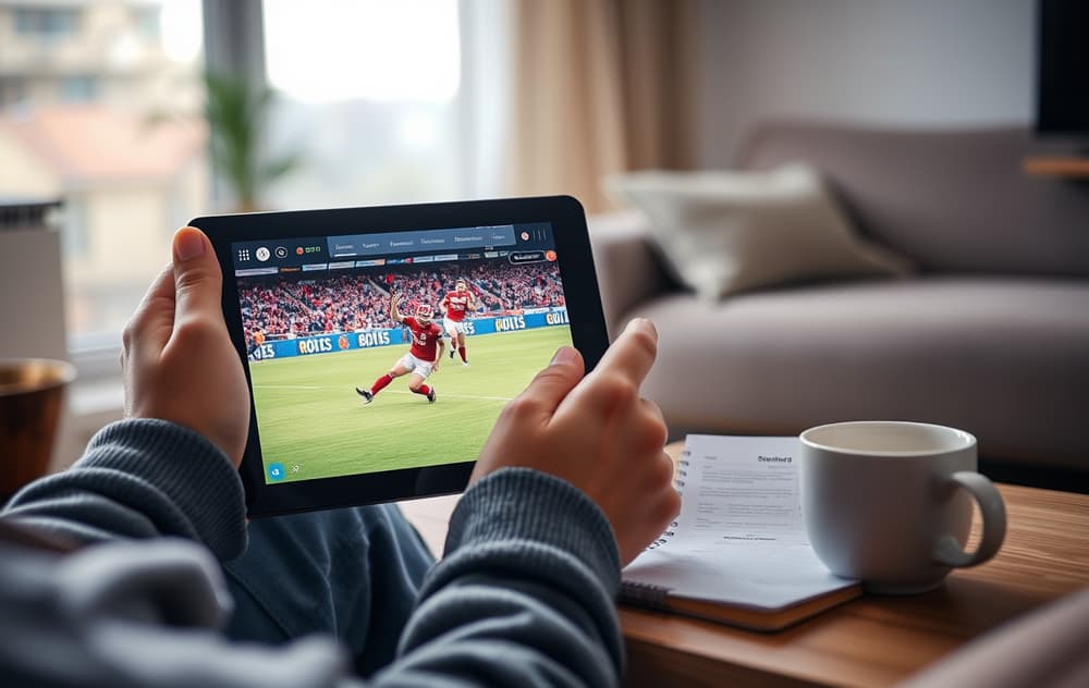 En person som følger live odds på nettbrett under en fotballkamp