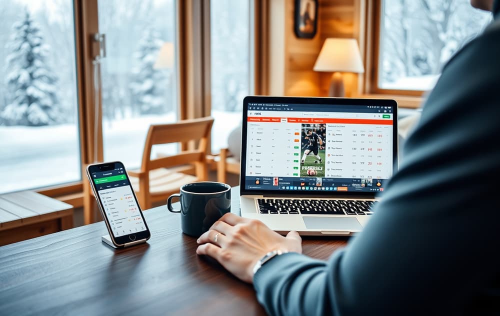 Person som sitter ved et skrivebord med en bærbar PC som viser en bettingside for fotball, med kaffekopp og mobiltelefon. Bakgrunn: koselig norsk stue med snølandskap utenfor vinduet.