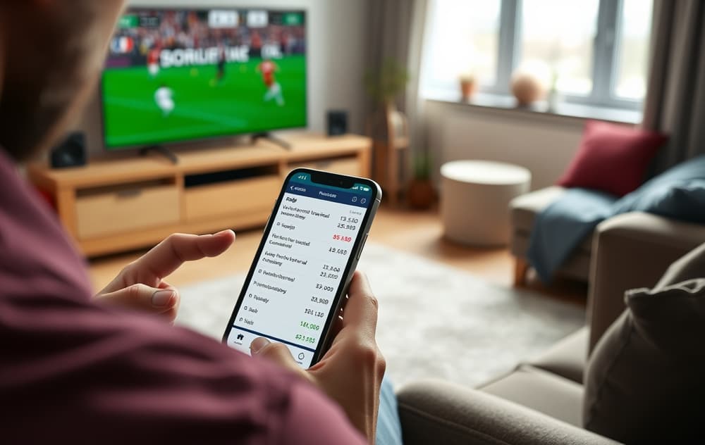 Person som sammenligner fotball odds på mobiltelefon med flere faner åpne, i en norsk stue med fotballkamp på TV.