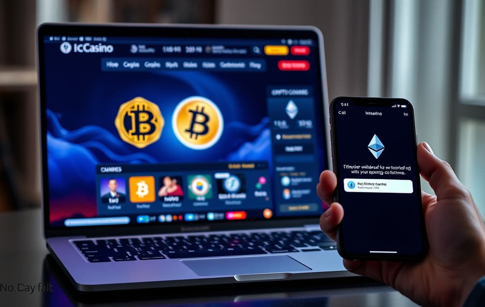 Moderne kryptocasino-grensesnitt med Bitcoin- og Ethereum-symboler på laptop og mobil