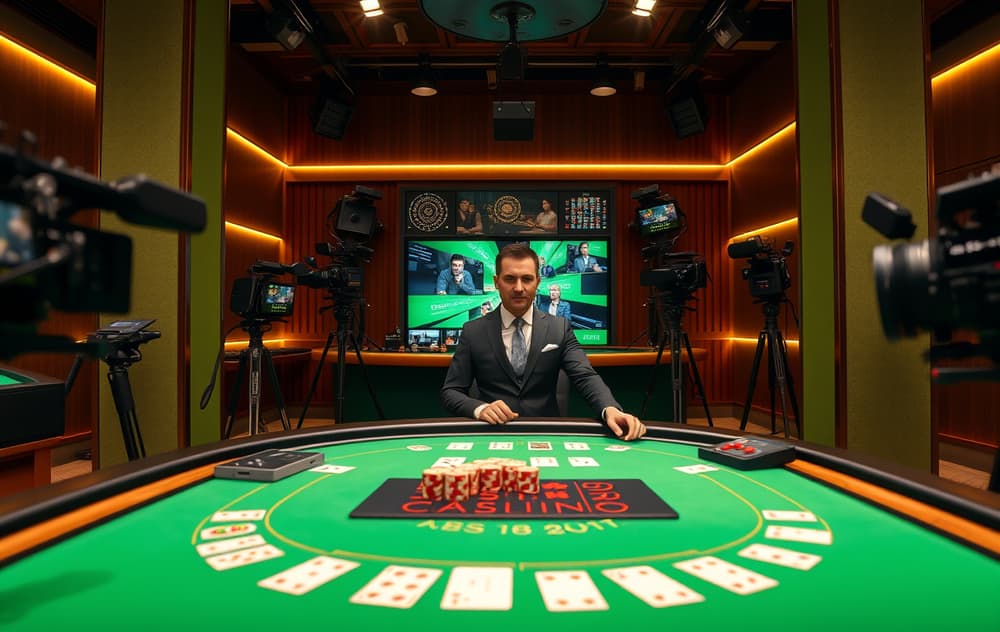 Live casino-studio med dealer ved blackjack-bord og flerkameraproduksjon