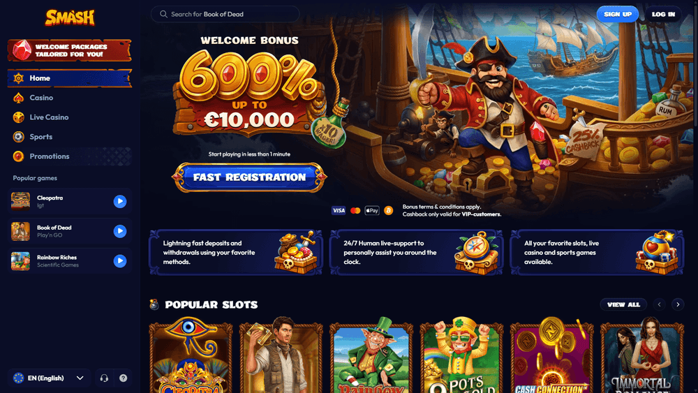 Smash Casino bettingapp med liveodds på fotball