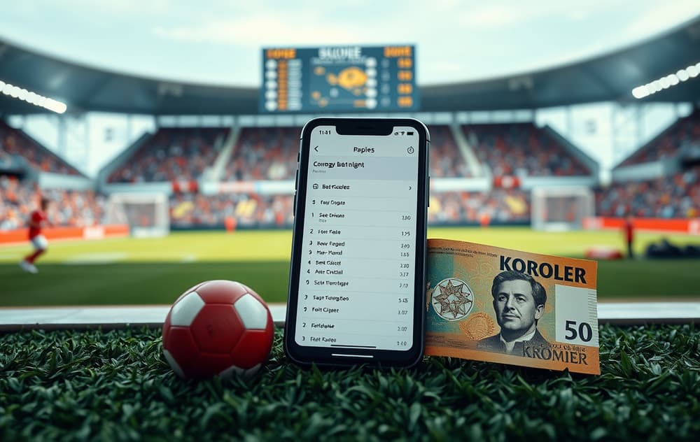 Fotballkamp med odds på resultattavle og en bettingskjerm med norske sedler