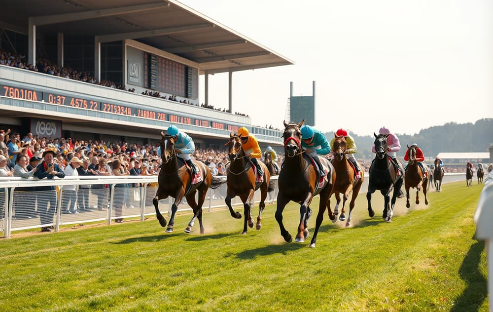 Hesteløp med hester i full galopp og oddstavle i bakgrunnen