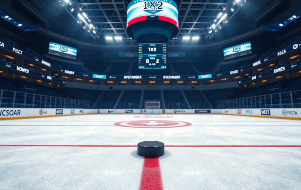 Ishockeybane sett ovenfra med oddsmarkeder og målstreker på isen.