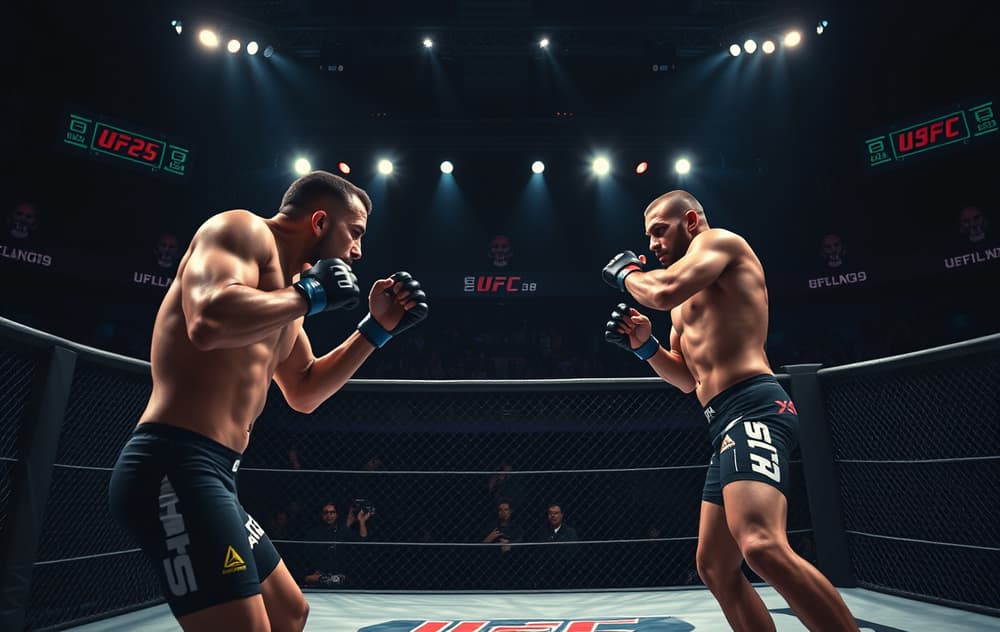 To UFC-utøvere i oktogonen med odds og bettinginformasjon på skjermen.
