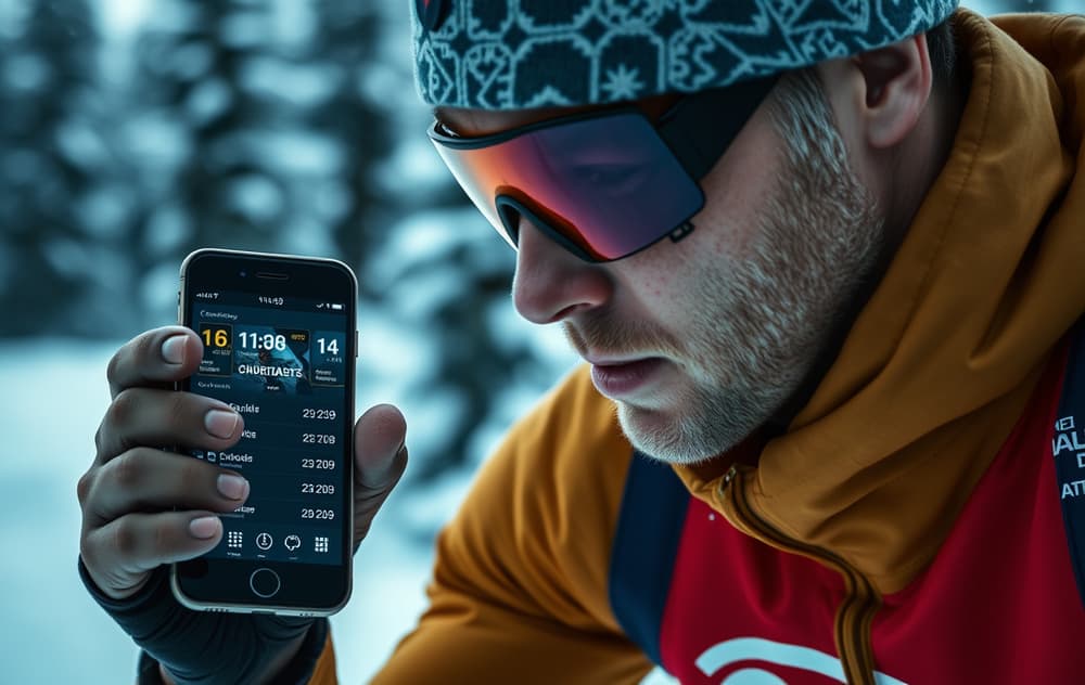 Langrennsløper i aksjon med mobil som viser live odds